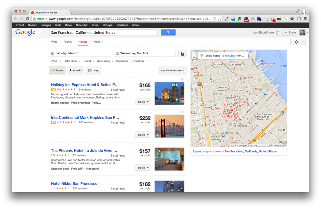 Google Hotel Finder Result Page
