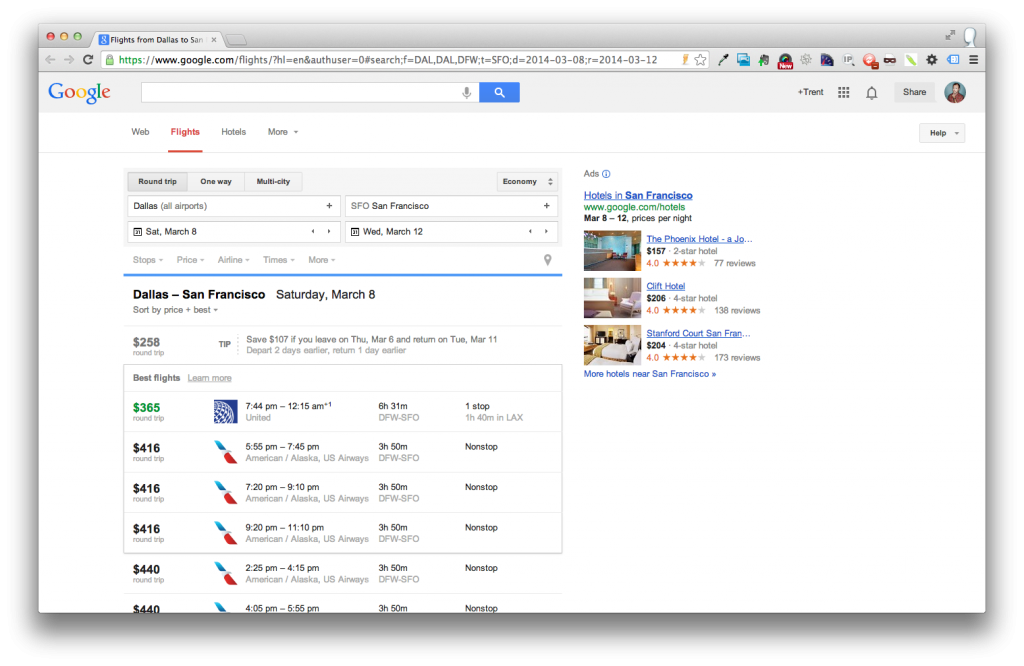 Google Flights page with Hotel Ads